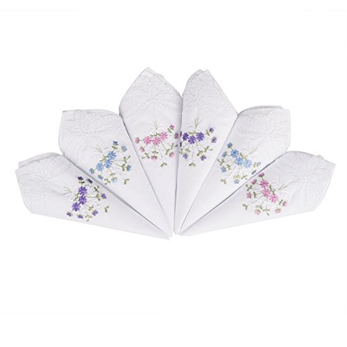 LULUSILK 6 Stücke Damen Stoff Taschentücher 100% Baumwolle mit Blumen Stickereien und Spitze Schmetterling Kante von LULUSILK