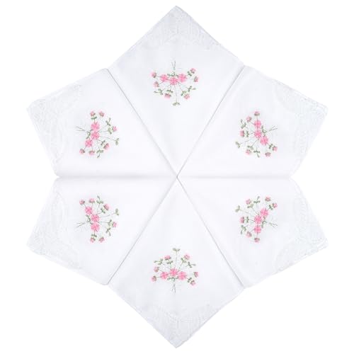 LULUSILK 6 Damen Stoff Taschentücher 100% Baumwolle mit rosa Blumen Stickereien und Spitze Schmetterling Kante von LULUSILK