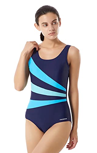 LULUWINGX Damen Einteiler Badeanzug mit DREI vorderen Splice Badebekleidung tiefer U-Rücken Bademode Marineblau (XX-Large Navy) von LULUWINGX