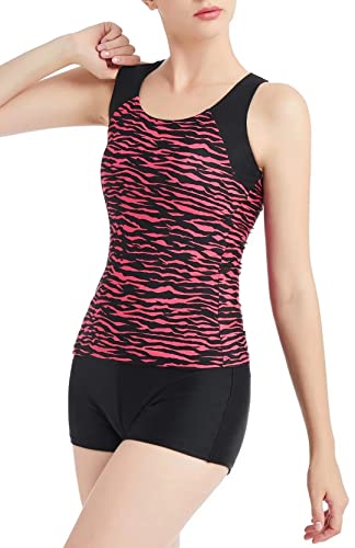 LULUWINGX Damen Tankini Badeanzug Racerback Badeanzug Athletic Bademode mit Boyshorts UV-Schutz UPF 50+(Medium, Wave Pink) von LULUWINGX