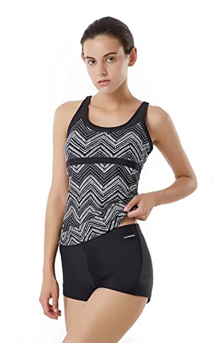 LULUWINGX Damen Tankini Bademode Crossback Strappy Badeanzug Athletic Training Zweiteilig Badebekleidung mit Boyshorts Welle schwarz (Medium) von LULUWINGX