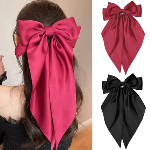 Große Schleifen-Haarspangen, große Schleife, einfarbig, französische Haarspangen mit langem Satinband, langer Schwanz, Haarschleife für Damen, Metallschleife, Haarstyling-Zubehör, Schwarz + Rot Große Schleifen-Haarspangen, große Schleife, einfarbig, französische Haarspangen mit langem Satinband, langer Schwanz, Haarschleife für Damen, Metallschleife, Haarstyling-Zubehör, Schwarz + Rot von LUMKMAS