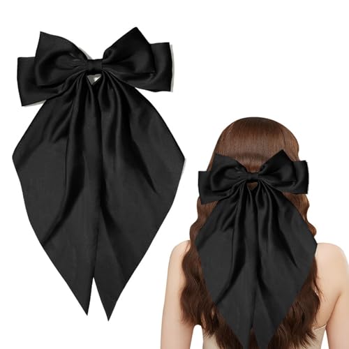 Haarspange mit großer Schleife, große Schleife, Haarnadel mit langem seidigem Band, einfarbige Haarschleife, Satin, französische Haarspange, schwarze Haarschleife für Damen, langer Schwanz, Haarspange mit großer Schleife, große Schleife, Haarnadel mit langem seidigem Band, einfarbige Haarschleife, Satin, französische Haarspange, schwarze Haarschleife für Damen, langer Schwanz, von LUMKMAS