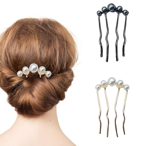 LUMOOM 2 Stück Perlen Haarnadeln, U-förmige Haarnadel, Haarkämme zum Stecken, Seitlicher Kamm für Brauthaare Haarschmuck, Für Frauen und Mädchen Hochzeiten und Partys (Schwarz + Gold) von LUMOOM