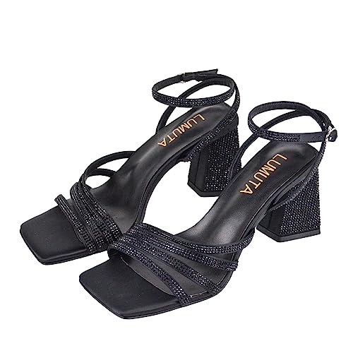 Sandalen Damen High Heels mit Strasssteinen Schwarz Glitzer Glitzer Peep Toe Sandaletten Damen mit Blockabsatz Pumps Blockabsatz Hochhackige Sommerschuhe Damen für Party Freizeit oder Hochzeit von LUMUTA