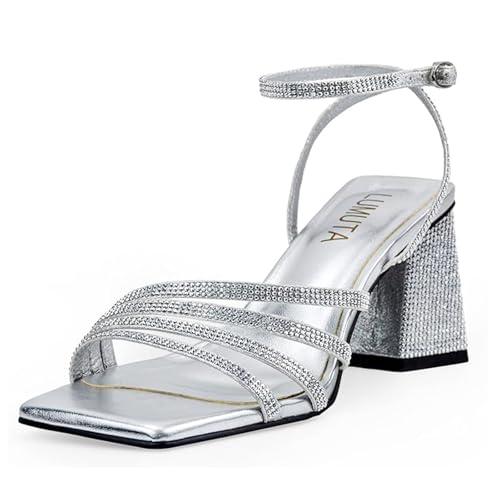 Sandalen Damen High Heels mit Strasssteinen Silver Glitzer Glitzer Peep Toe Sandaletten Damen mit Blockabsatz Pumps Blockabsatz Hochhackige Sommerschuhe Damen für Party Freizeit oder Hochzeit von LUMUTA