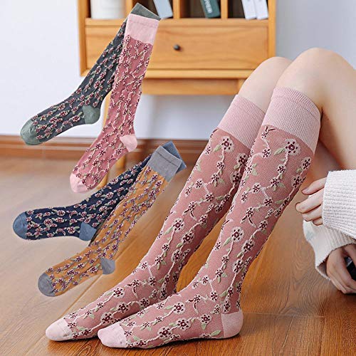 LUMoony MoonyLI 4 Paar Damen Kniestrümpfe aus Baumwolle Bedruckte Baumwollsocken Blumenmuster Lange Baumwollsocken Kompressionsstrümpfe Kniestrümpfe Casual Knit Kniestrümpfe von LUMoony