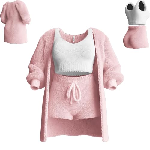 LUNCHS Gemütliches Strickset 3-teilig, 3-teiliges Lounge-Set für Damen, sexy warmes Flauschiges Fleece für Damen, 3-teilige Outfits, Pyjama (S,Pink) von LUNCHS