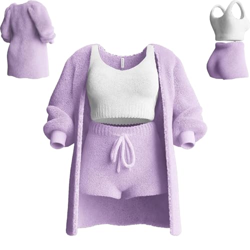 LUNCHS Gemütliches Strickset 3-teilig, 3-teiliges Lounge-Set für Damen, sexy warmes Flauschiges Fleece für Damen, 3-teilige Outfits, Pyjama (S,Purple) von LUNCHS