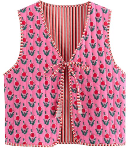 Damen Y2K ärmellose gesteppte Pufferweste mit Blumenmuster vorne offen Krawatte bauchfreier V-Ausschnitt Outwear Weste leicht zweiseitig tragbar, Rosa Blume, Small von LUNNTE