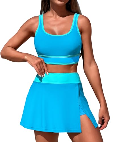 LUNNTE Bikini Damen Bauchweg Zweiteiliger Badeanzug Push Up Bademode High Waist Strandbikini Skirt Badeanzüge (Himmelblau, XL) von LUNNTE