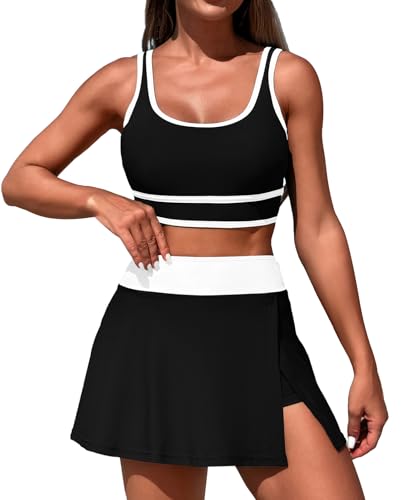 LUNNTE Bikini Damen Bauchweg Zweiteiliger Badeanzug Push Up Bademode High Waist Strandbikini Skirt Badeanzüge (Schwarz, S) von LUNNTE