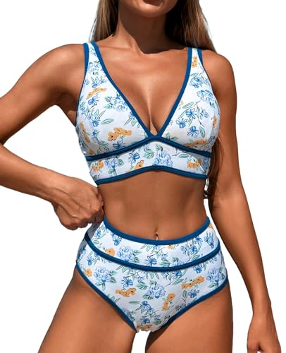 LUNNTE Bikini Damen Set Hohe Taille Badeanzug V Ausschnitt High Waist Bauchkontrolle Zweiteiliger Bademode Badeanzüge (Blaue Blumen, S) von LUNNTE