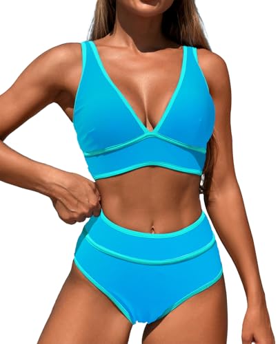 LUNNTE Bikini Damen Set Hohe Taille Badeanzug V Ausschnitt High Waist Bauchkontrolle Zweiteiliger Bademode Badeanzüge (Himmelblau, S) von LUNNTE