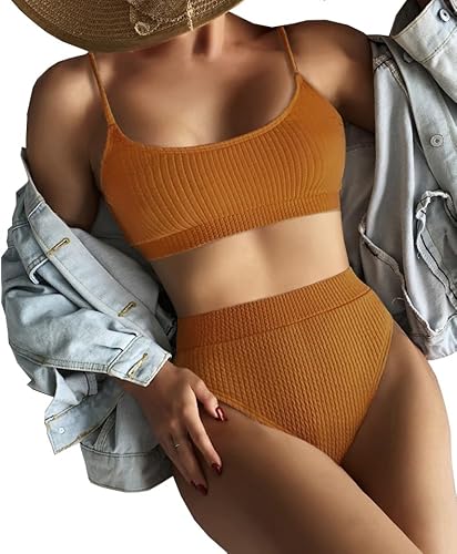 LUNNTE Bikini Damen Set Hohe Taille Bauchkontrolle Gerippte Crop Top Brasilianischer Push Up Zweiteiliger Badeanzug(Braun, S) von LUNNTE