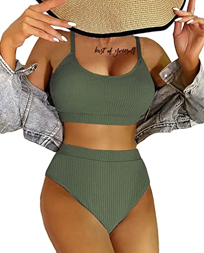 LUNNTE Bikini Damen Set Hohe Taille Bauchkontrolle Gerippte Crop Top Brasilianischer Push Up Zweiteiliger Badeanzug (Grün, M) von LUNNTE