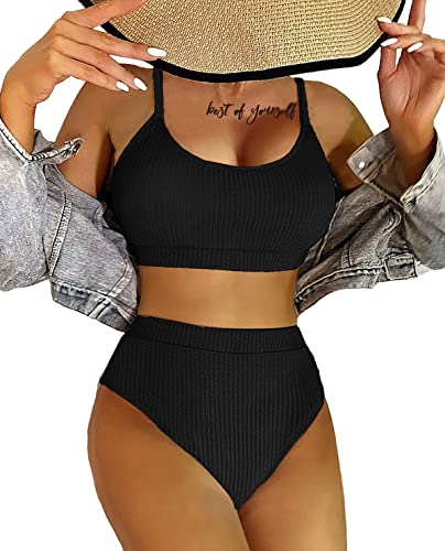 LUNNTE Bikini Damen Set Hohe Taille Bauchkontrolle Gerippte Crop Top Brasilianischer Push Up Zweiteiliger Badeanzug (Schwarz, M) von LUNNTE