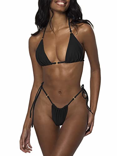 LUNNTE Bikini Damen Set Tanga Bikini Badeanzüg Push Up mit Dreieck Cup Spaghetti Zweiteilige Badebekleidung (Schwarz, L) von LUNNTE