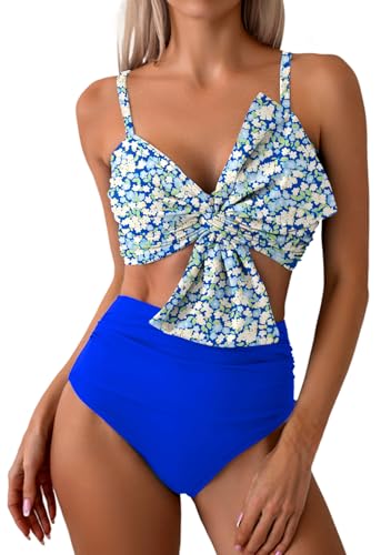 LUNNTE Bikini Sets für Damen High Waist Hoher Taille Bademode Bauchkontrolle Zweiteiliger Badeanzug Blumenmuster (Blaue Blume, XL) von LUNNTE