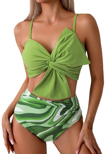 LUNNTE Bikini Sets für Damen High Waist Hoher Taille Bademode Bauchkontrolle Zweiteiliger Badeanzug Blumenmuster (Grüne Blumen, M) von LUNNTE