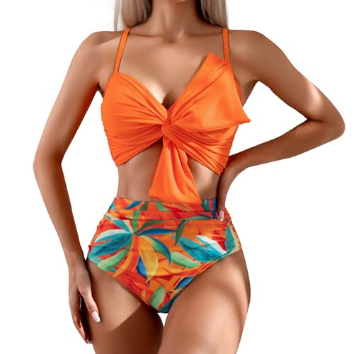 LUNNTE Bikini Sets für Damen High Waist Hoher Taille Bademode Bauchkontrolle Zweiteiliger Badeanzug Blumenmuster (Orangenblüte, L) von LUNNTE