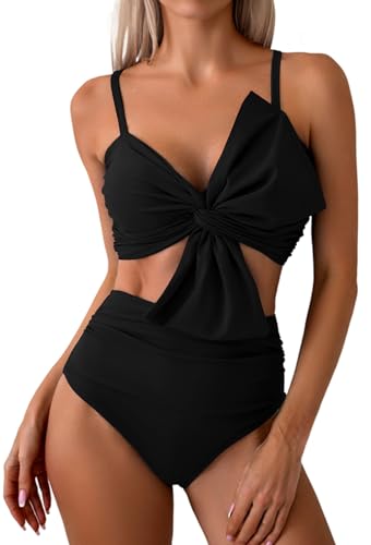 LUNNTE Bikini Sets für Damen High Waist Hoher Taille Bademode Bauchkontrolle Zweiteiliger Badeanzug Blumenmuster (Schwarz, S) von LUNNTE