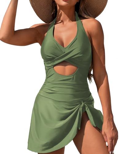 LUNNTE Damen Badeanzug Badeanzugkleid V-Ausschnitt Einteiliger Bademode Schwimmanzug Sommer Swimsuit (Feldgrau, M) von LUNNTE