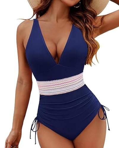 LUNNTE Damen Badeanzug Bauchweg Einteiliger V Ausschnitt Hoch Taillierte Monokini Schlankheits Badeanzüge für Frauen Bademode Swimsuit Herausnehmbare Softpads (Marineblau, XXL) von LUNNTE