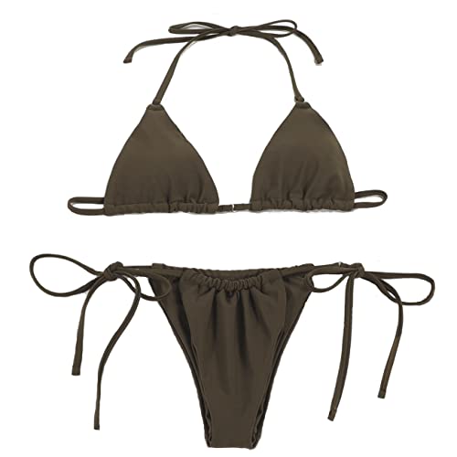 LUNNTE Bikini Damen Set Tanga Bikini Badeanzüg Push Up mit Dreieck Cup Spaghetti Zweiteilige Badebekleidung (Braun, L) von LUNNTE