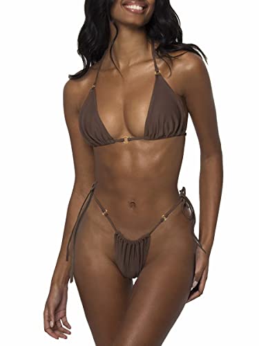 LUNNTE Damen Bikini Set Tanga Bikini Badeanzüg Push Up mit Dreieck Cup Spaghetti Zweiteilige Badebekleidung (Braun, XS) von LUNNTE