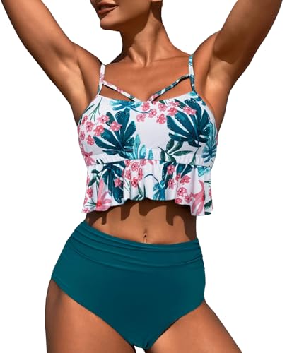LUNNTE Damen Bikini Set Wickeloptik Hoher Taille Bikini Bademode Blumenmuster Bauchkontrolle Zweiteiliger Badeanzug High Waist Swimsuit (Grüne Blumen, L) von LUNNTE