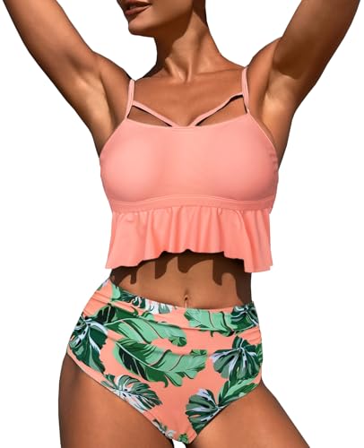 LUNNTE Damen Bikini Set Wickeloptik Hoher Taille Bikini Bademode Blumenmuster Bauchkontrolle Zweiteiliger Badeanzug High Waist Swimsuit (Rosa, L) von LUNNTE