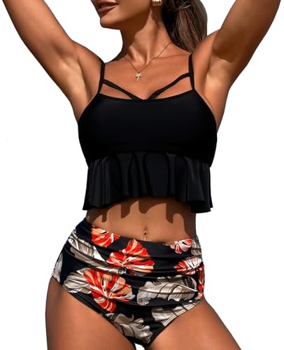 LUNNTE Damen Bikini Set Wickeloptik Hoher Taille Bikini Bademode Blumenmuster Bauchkontrolle Zweiteiliger Badeanzug High Waist Swimsuit (Schwarz, XL) von LUNNTE
