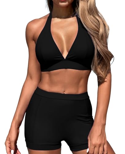 LUNNTE Damen Bikini Sets Bauchweg High Waist Badeanzug V Ausschnitt Hoher Taille Zweiteiliger Bademode Shorts Bikinihose Badeanzüge (Schwarz, M) von LUNNTE