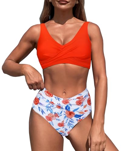 LUNNTE Damen Zweiteiliger Badeanzug V Ausschnitt überkreuztes High Waist Hoher Taille Blumenmuster Bauchkontrolle Bikini Bademode Bikini Sets (Orange, M) von LUNNTE