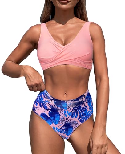 LUNNTE Damen Zweiteiliger Badeanzug V Ausschnitt überkreuztes High Waist Hoher Taille Blumenmuster Bauchkontrolle Bikini Bademode Bikini Sets (Rosa, L) von LUNNTE