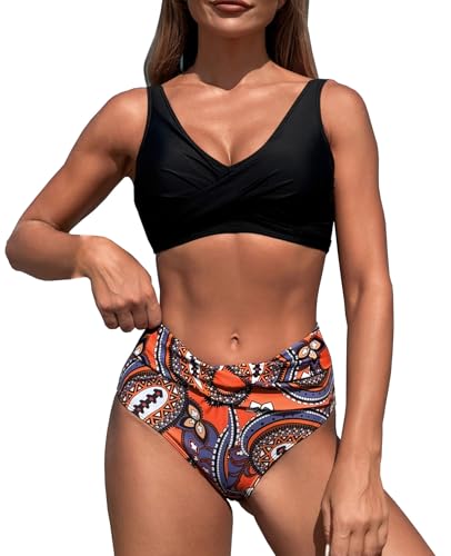 LUNNTE Damen Zweiteiliger Badeanzug V Ausschnitt überkreuztes High Waist Hoher Taille Blumenmuster Bauchkontrolle Bikini Bademode Bikini Sets (Schwarz, XL) von LUNNTE