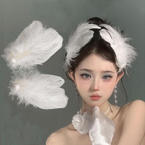 Weiße Perle Strauß Haarspangen, 2 Stück Weiße Schwanenfeder Haarnadeln für Frauen Mädchen Braut Hochzeit Verlobung Geburtstag Weihnachten Valentinstag Bühnenaufführung (Weiß) von LUNROUG