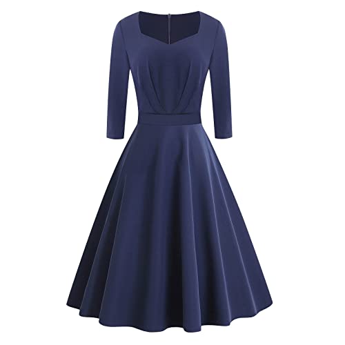 20er Jahre Kostüm Damen Boho Kleid Damen 50er Jahre Kleid Damen LUNULE Elegant Rockabilly Kleider Knielang Hepburn Stil Partykleid Swing A-Linie Kleid halber Ärmel Vintage Cocktailkleid Dunkelblau XXL von LUNULE