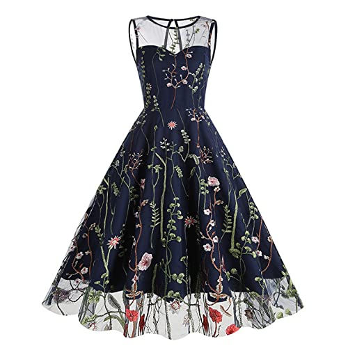 70er Jahre Bekleidung Damen Damen Kleid Partykleid Stickerei Retro Cocktailkleid 50er Rockabilly Kleider Ballkleid Elegant ärmellos Hochzeit Festlich Kleid Hohe Taille A-Linie Kleid Blau XXL von LUNULE