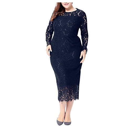 90er Jahre Outfit Damen Sommerkleid Damen Lang Spitzenkleid Große Größen Cocktailkleid Langarm Ballkleid Hohe Taille A-Linie Kleid Rundhals Abendkleider Volant Maxikleid Tunika Kleider Dunkelblau XXL von LUNULE