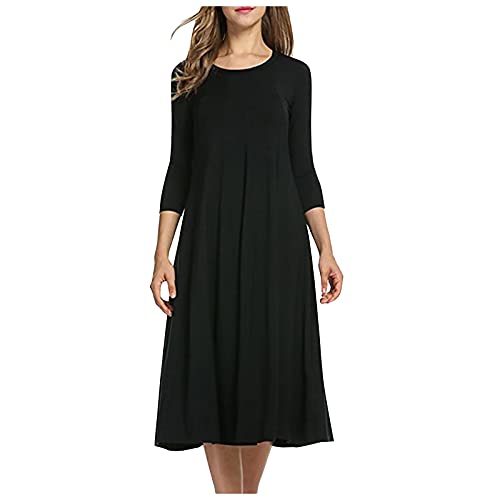 Abendkleid Damen Kleid Winter Hosenanzug Langes Sommerkleid Einfarbig 3/4 Ärmel Rundhals Swing Midikleid Falten A-Linie Blusen Lässige Hippie von LUNULE