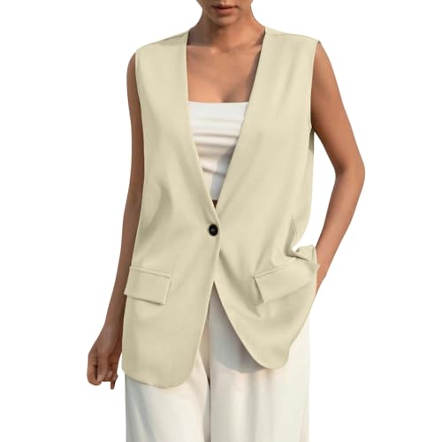 Anzugweste Damen Sommer Ärmellos Blazer Weste Elegant Button Down V-Ausschnitt Jacke mit Tasche lässig Business Freizeitweste Tank Top Büroweste(Khaki,3XL von LUNULE