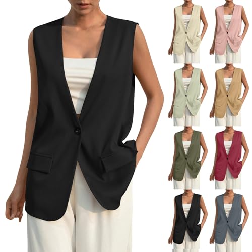 Anzugweste Damen Sommer Ärmellos Blazer Weste Elegant Button Down V-Ausschnitt Jacke mit Tasche lässig Business Freizeitweste Tank Top Büroweste Damenweste(Schwarz,XXL von LUNULE