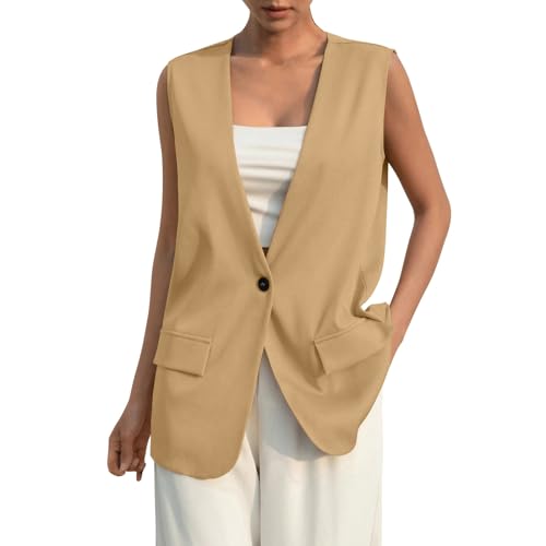 Anzugweste Damen Sommer Ärmellos Blazer Weste Elegant Button Down V-Ausschnitt Jacke mit Tasche lässig Business Freizeitweste Tank Top Büroweste Damenweste von LUNULE