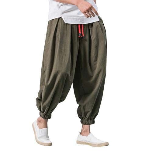 Baggy Haremshose Herren Sommer Leinenhose mit Kordelzug Leichte Weite Bein Pumphose Elastischer Taille Pluderhose Y2K Hippie Hose Aladinhose für Männer Bequeme Stoffhose Freizeithose (Army Green,4XL) von LUNULE