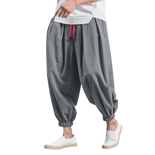 Baggy Haremshose Herren Sommer Leinenhose mit Kordelzug Leichte Weite Bein Pumphose Elastischer Taille Pluderhose Y2K Hippie Hose Aladinhose für Männer Bequeme Stoffhose Freizeithose (Gray,L) von LUNULE