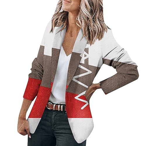 Blazer Damen Elegant Schwarz Drucken Langarm Knöpfen Jacke Anzug Casual Open Front Jacket Arbeit Büro Jacken Sommer Blau(Camel,M) von LUNULE