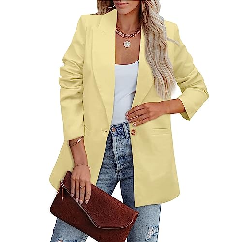 Blazer Damen Elegant Sportlich Einfarbig Revers Langarm Sakko Arbeit Büro Knopf Open Front Jacke Anzug Schwarzer(Gelb,M) von LUNULE