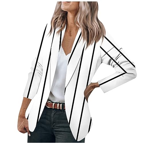 Blazer Damen Mantel Gestreiftes Langarm Jacke Anzug Casual Knopf Open Front Jacket Business Schwarz Sommer(White,M) von LUNULE
